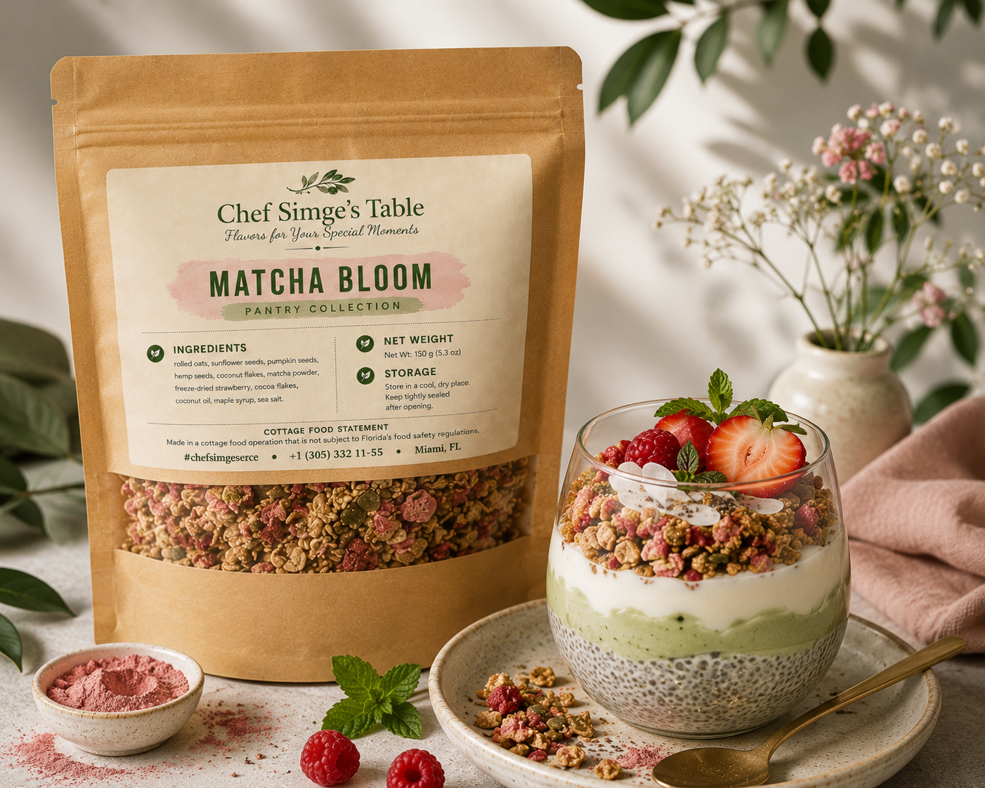 Matcha Bloom granola and breakfast bowl